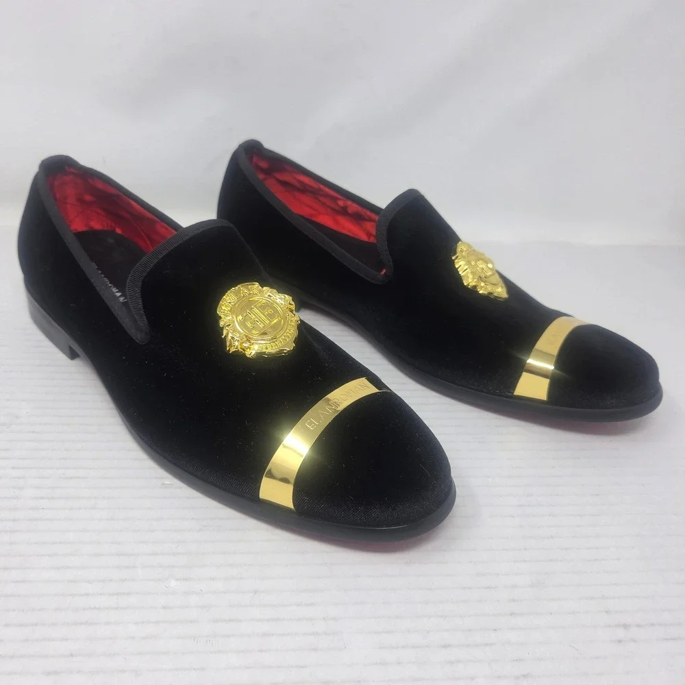 Elanroman Velvet Loafers Men 13 Black Gold Crest Red Bottom Dress Shoes 470